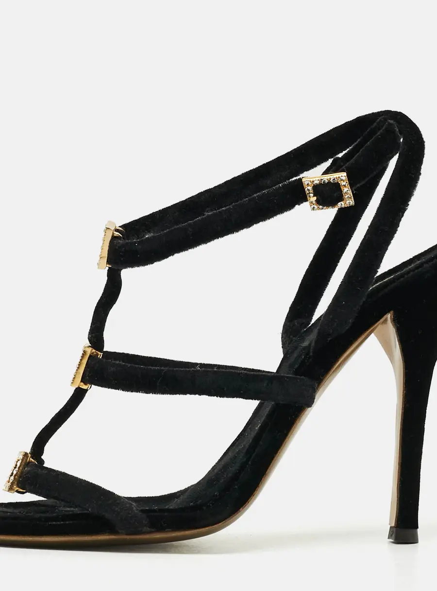 Roberto Cavalli Size 38 Black Velvet Crystal Embellished Strappy Ankle Strap Sandals