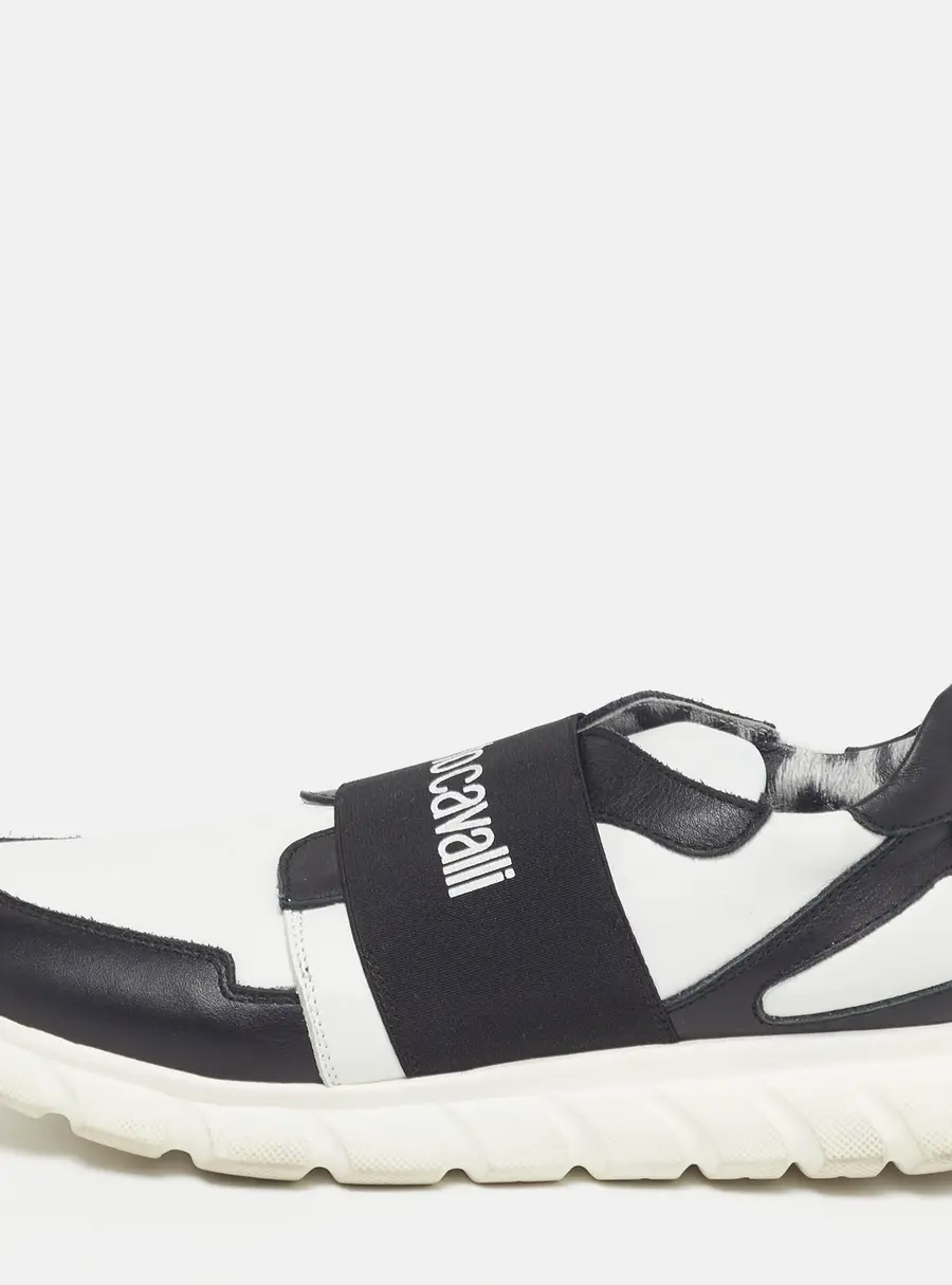 Roberto Cavalli Size 40 White/Black Leather Logo Print Strap Slip On Sneakers