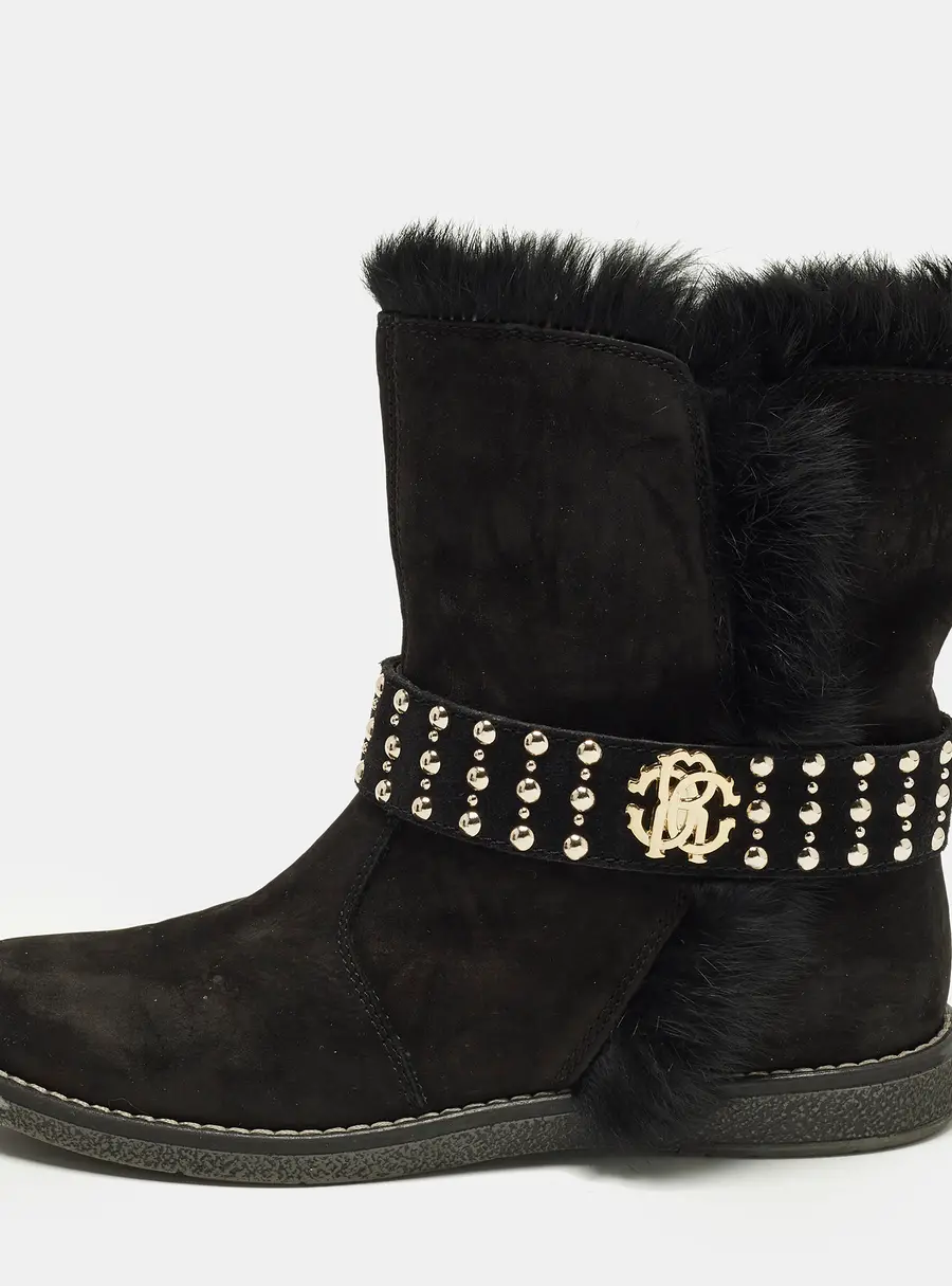 Roberto Cavalli Biker Size 36 Black Suede And Fur Ankle Length Boots
