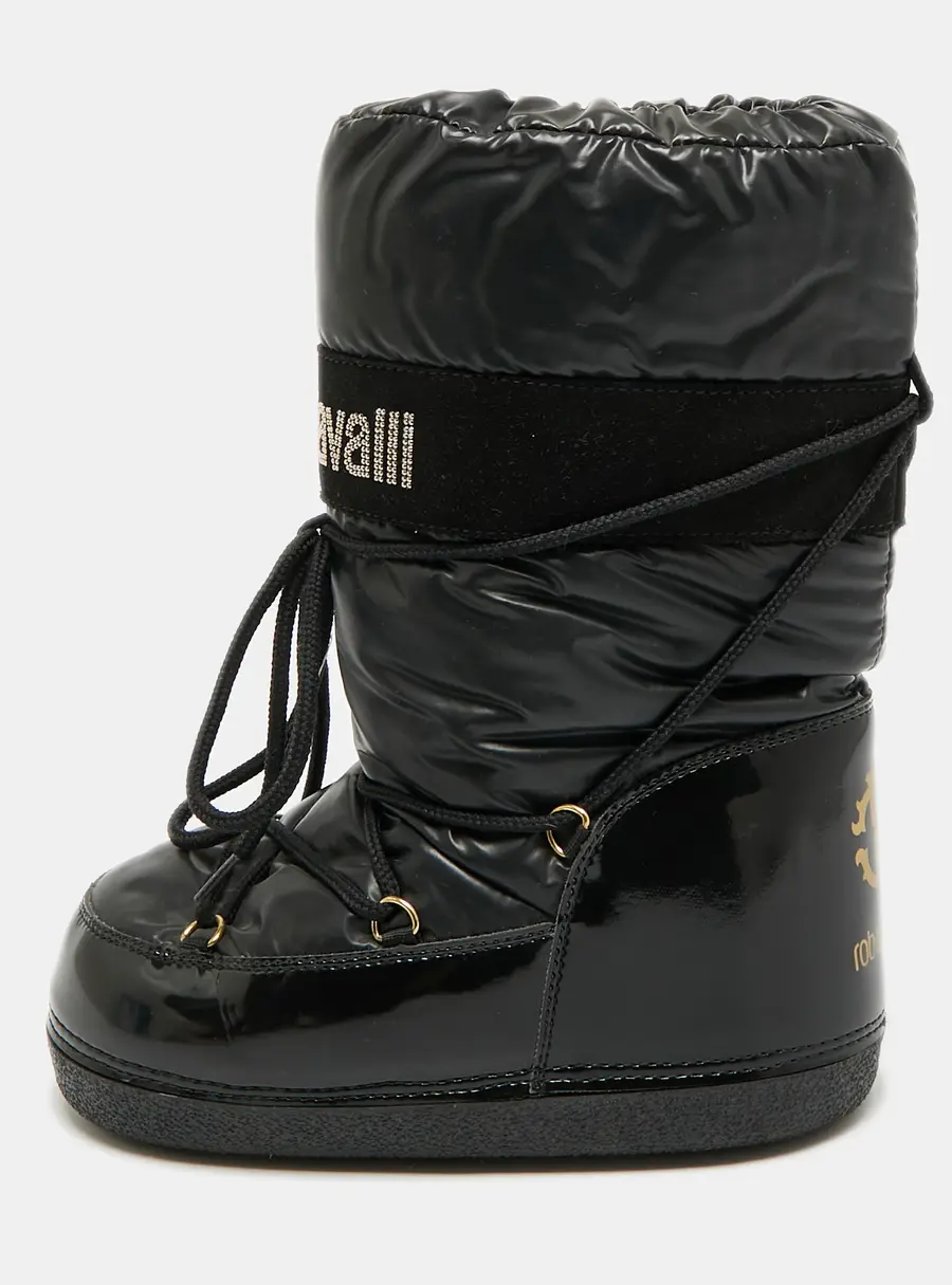Roberto Cavalli Logo Size 35 Black Patent Leather and Nylon Snow Boots