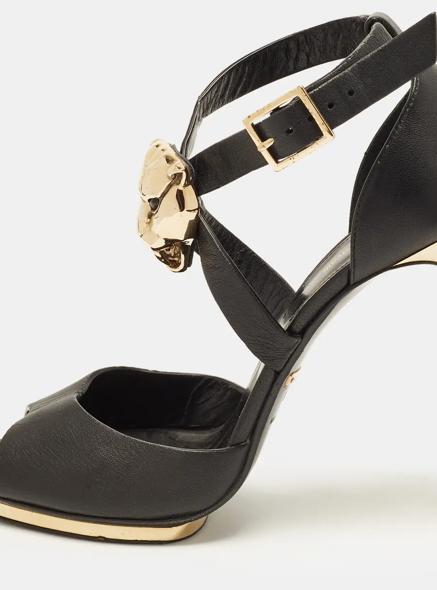 Roberto Cavalli Size 38.5 Black/Gold Lion Head Embellished Leather Ankle Strap Sandals