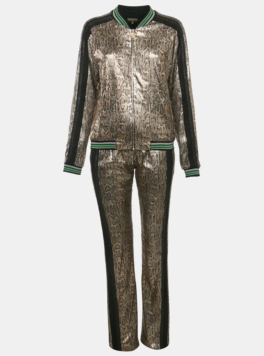 Roberto Cavalli Gym Metallic Gold Snakeskin Patterned Polyester Sequin Sweatshirt & Jogger Set M
