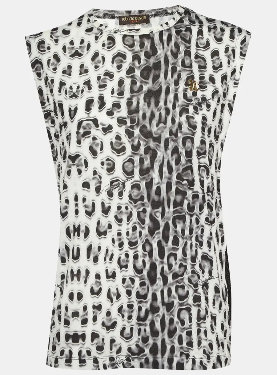 Roberto Cavalli Gym Black/Grey Printed Jersey & Mesh Tank Top S