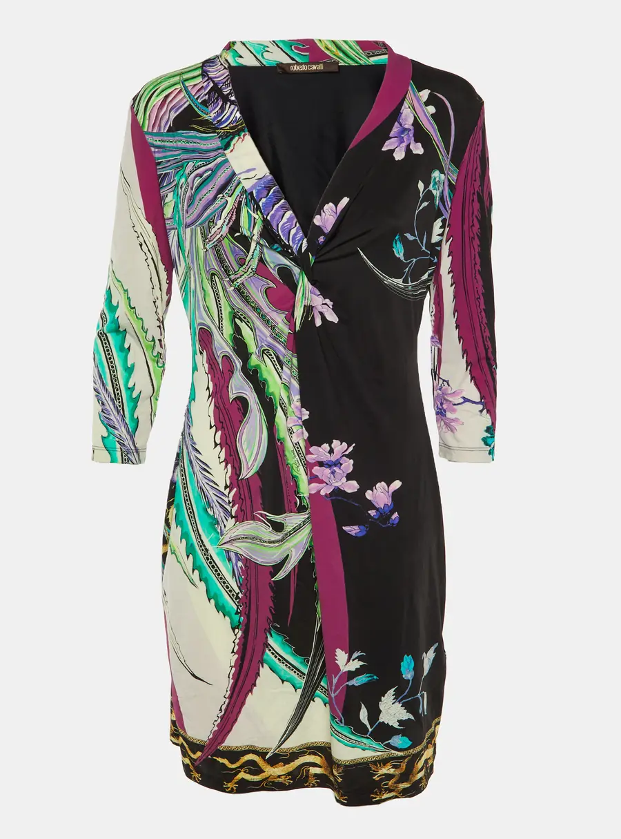 Roberto Cavalli Purple Abstract Floral Print Jersey Knotted Mini Dress L