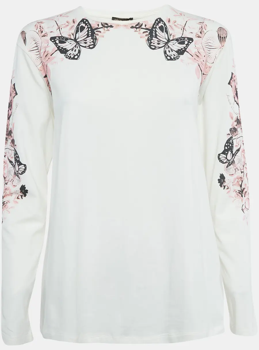 Roberto Cavalli White Printed Cotton T-Shirt XS