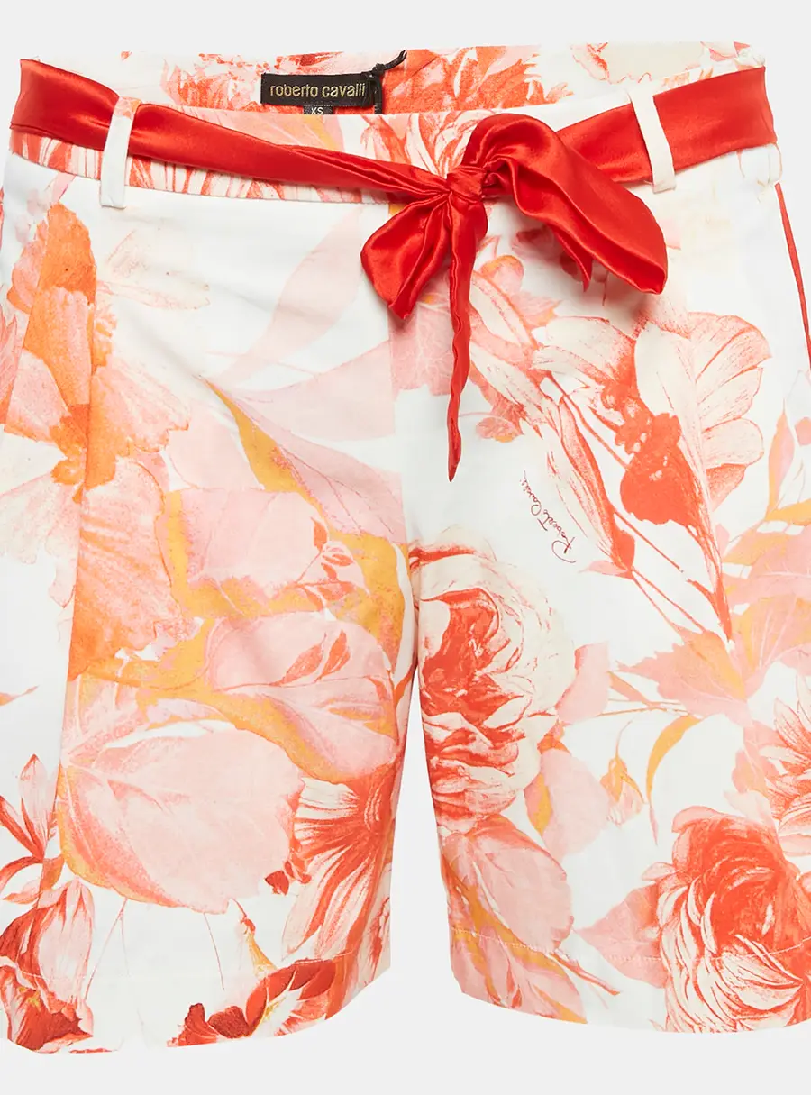 Roberto Cavalli White Floral Print Cotton Tie-Up Waist Detail Shorts XS