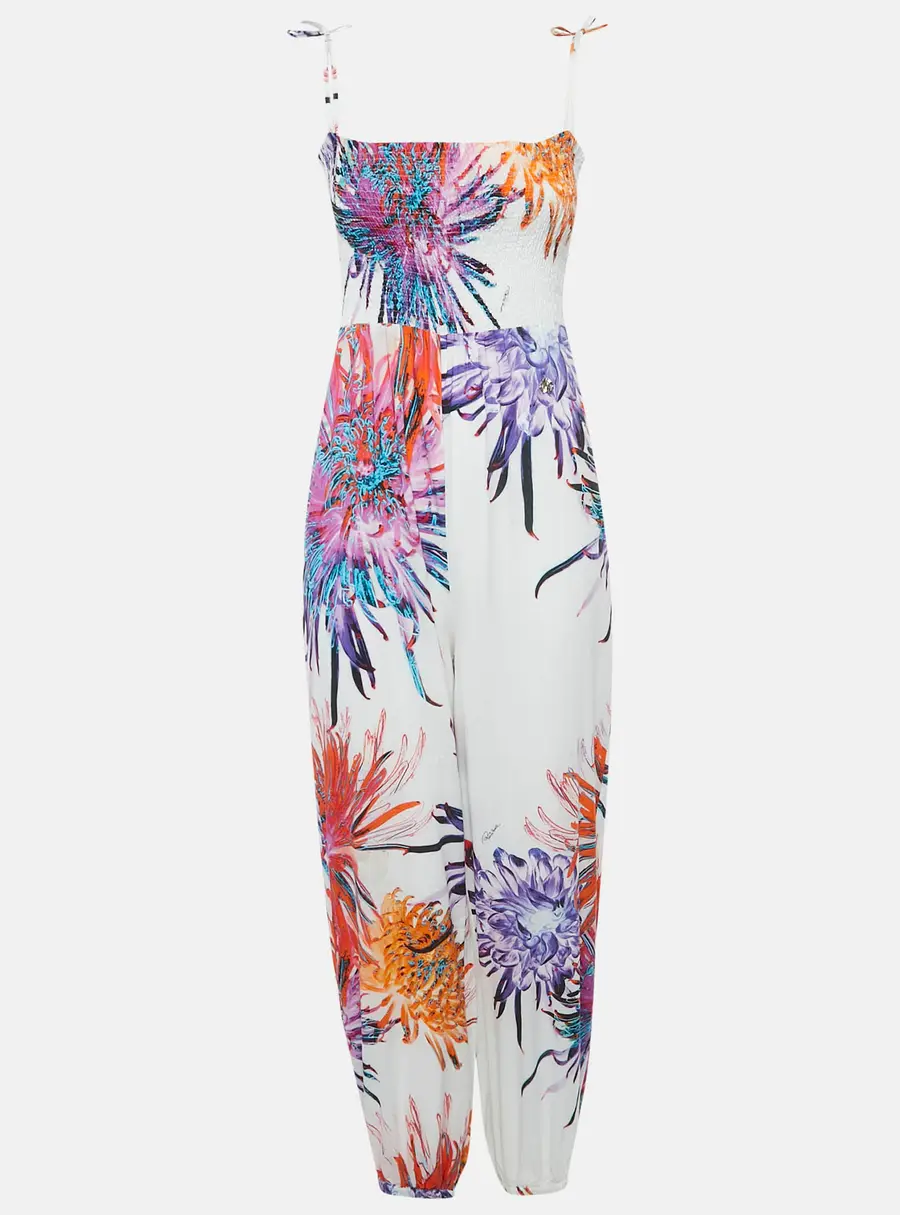 Roberto Cavalli White Floral Print Cotton Smock Detail Jumpsuit S