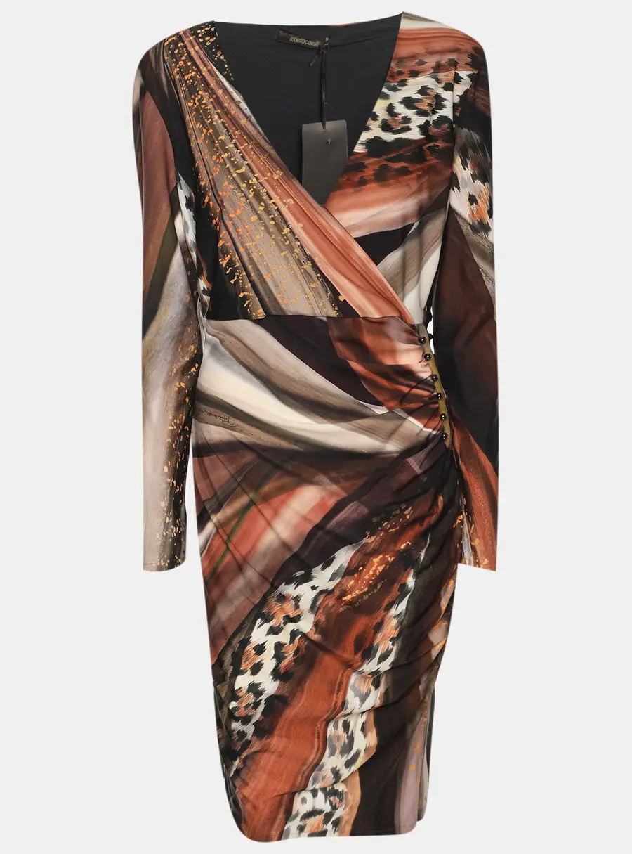 Roberto Cavalli Multicolor Animal Print Stretch Crepe Piercing Draped Midi Dress L