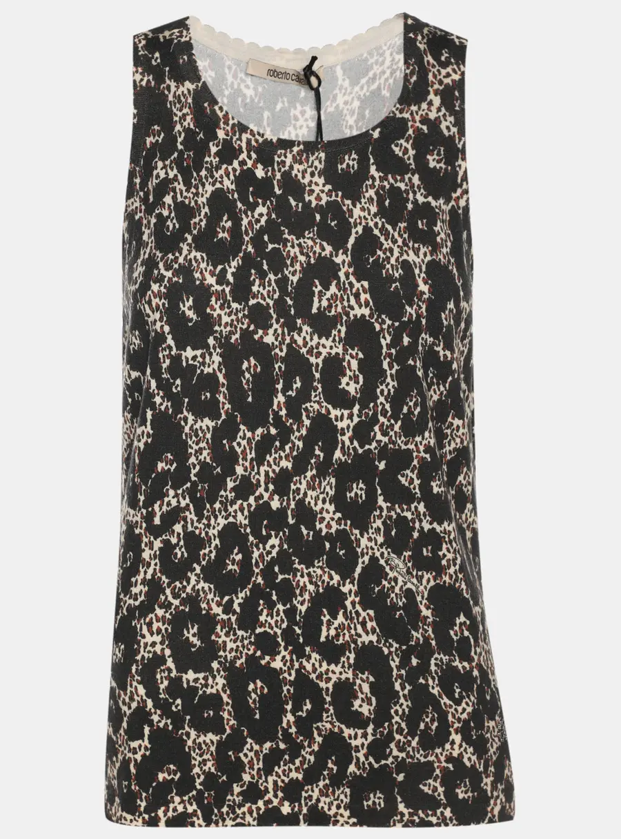Roberto Cavalli Multicolor Animal Print Wool Blend Sleeveless Top M