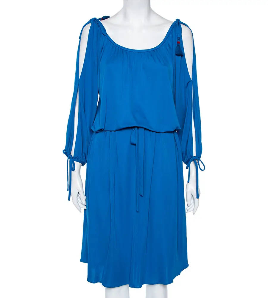 Roberto Cavalli Blue Jersey Cold Shoulder Tassel Tie Detailed Belted Dress M