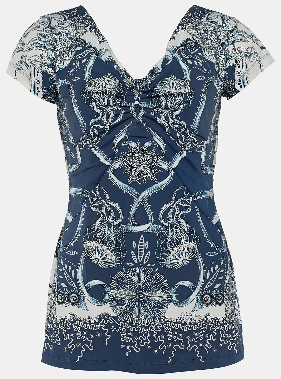 Roberto Cavalli Navy Blue Printed Synthetic Top L