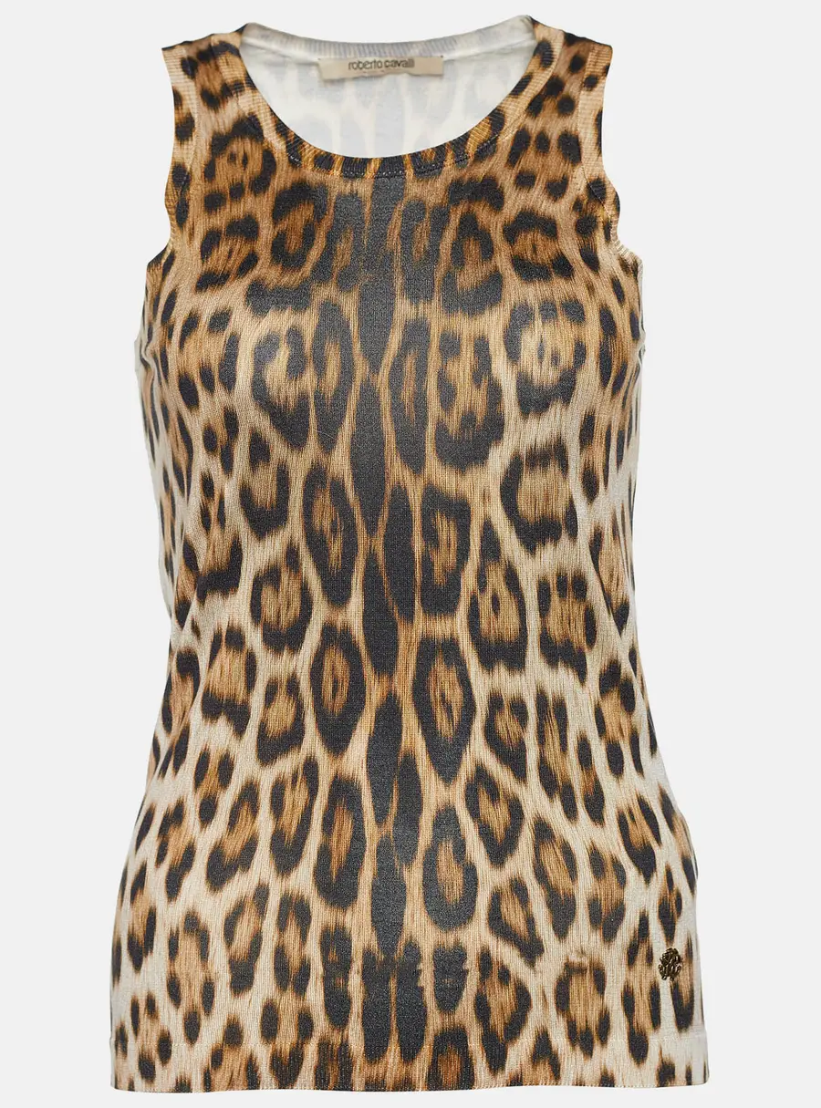 Roberto Cavalli Brown Leopard Print Knit Tank Top S