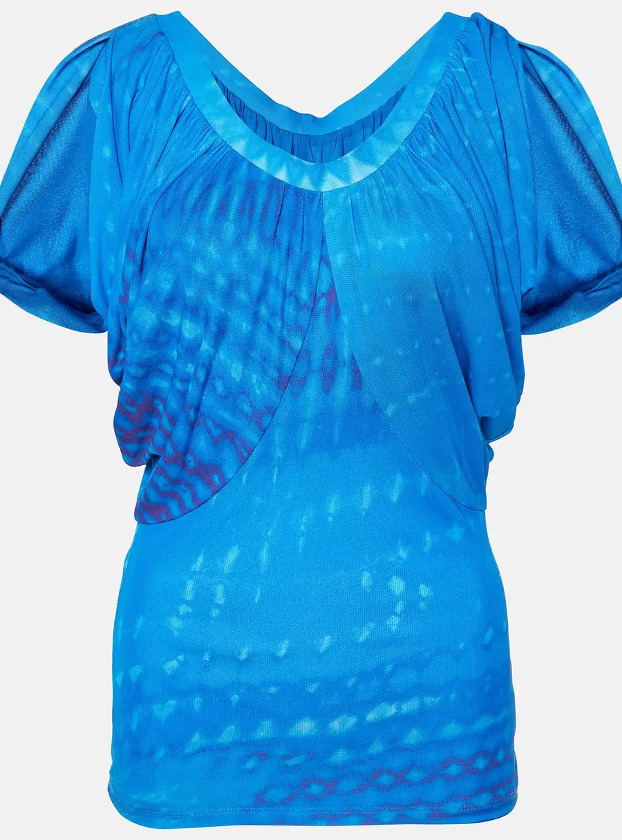 Roberto Cavalli Blue Printed Jersey Draped Sleeve Top S