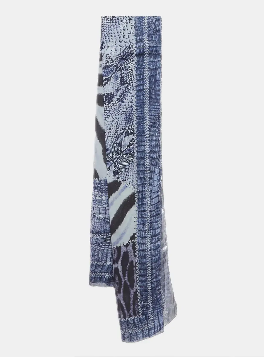 Roberto Cavalli Blue Snake Print Silk Metallic Stole