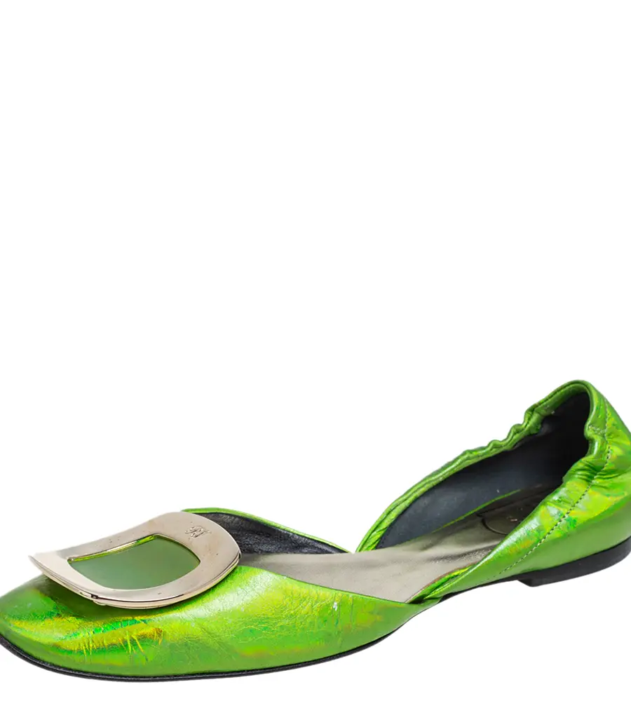 Roger Vivier Metallic Green Leather Flats Size 35.5