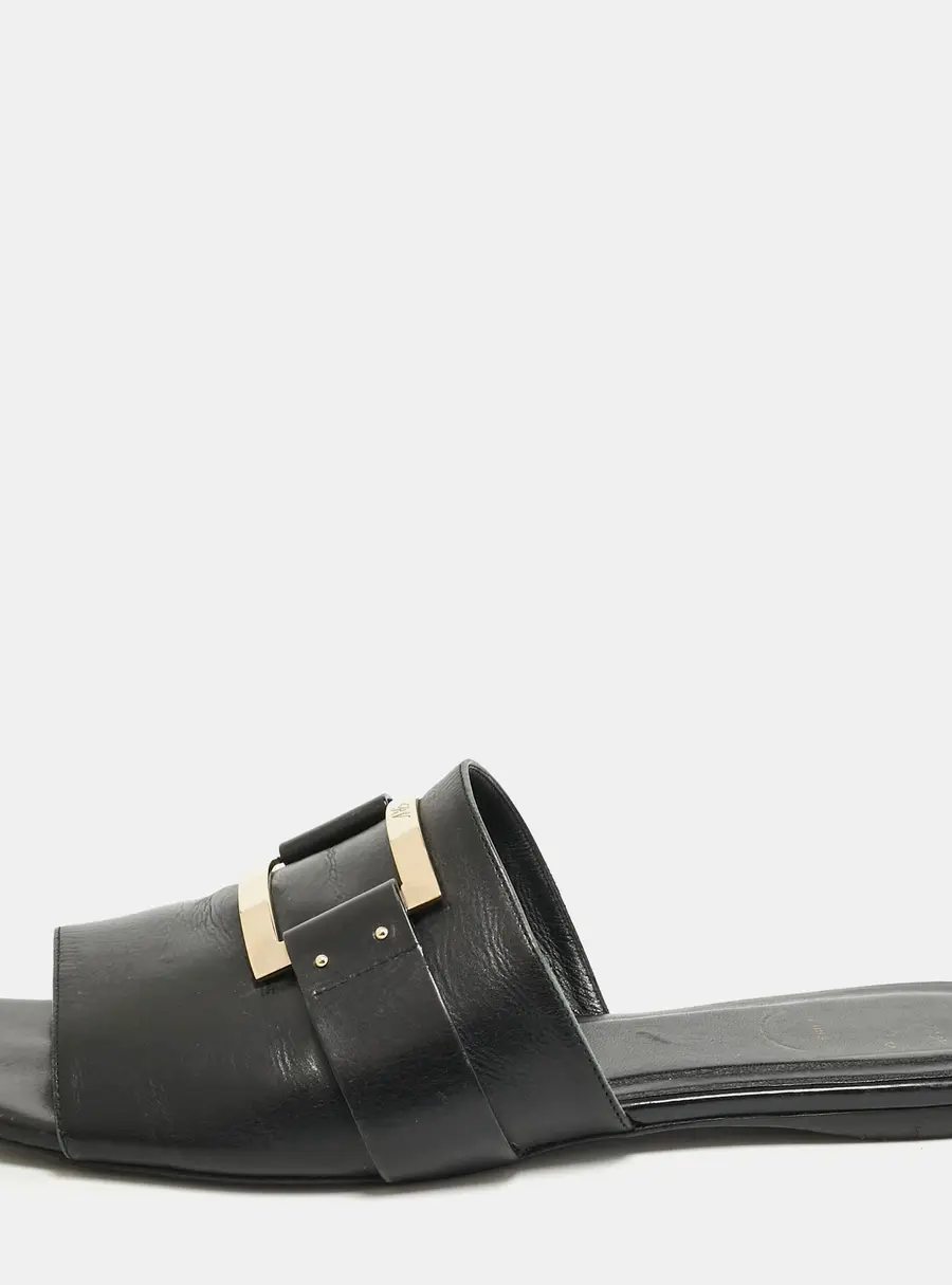 Roger Vivier Black Leather Buckle Flat Slides Size 41