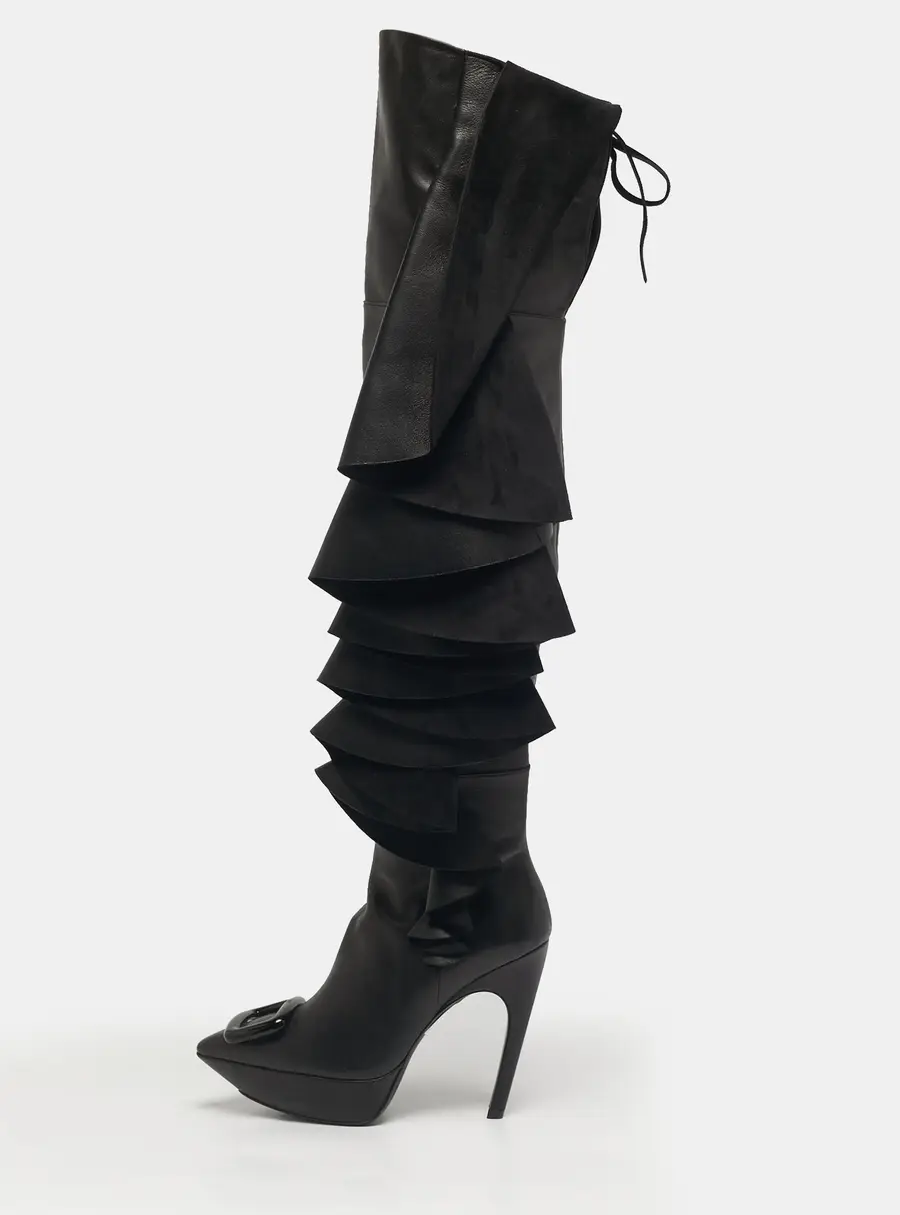 Roger Vivier Black Leather and Suede Rouches Cuissards Over The Knee Boots Size 38