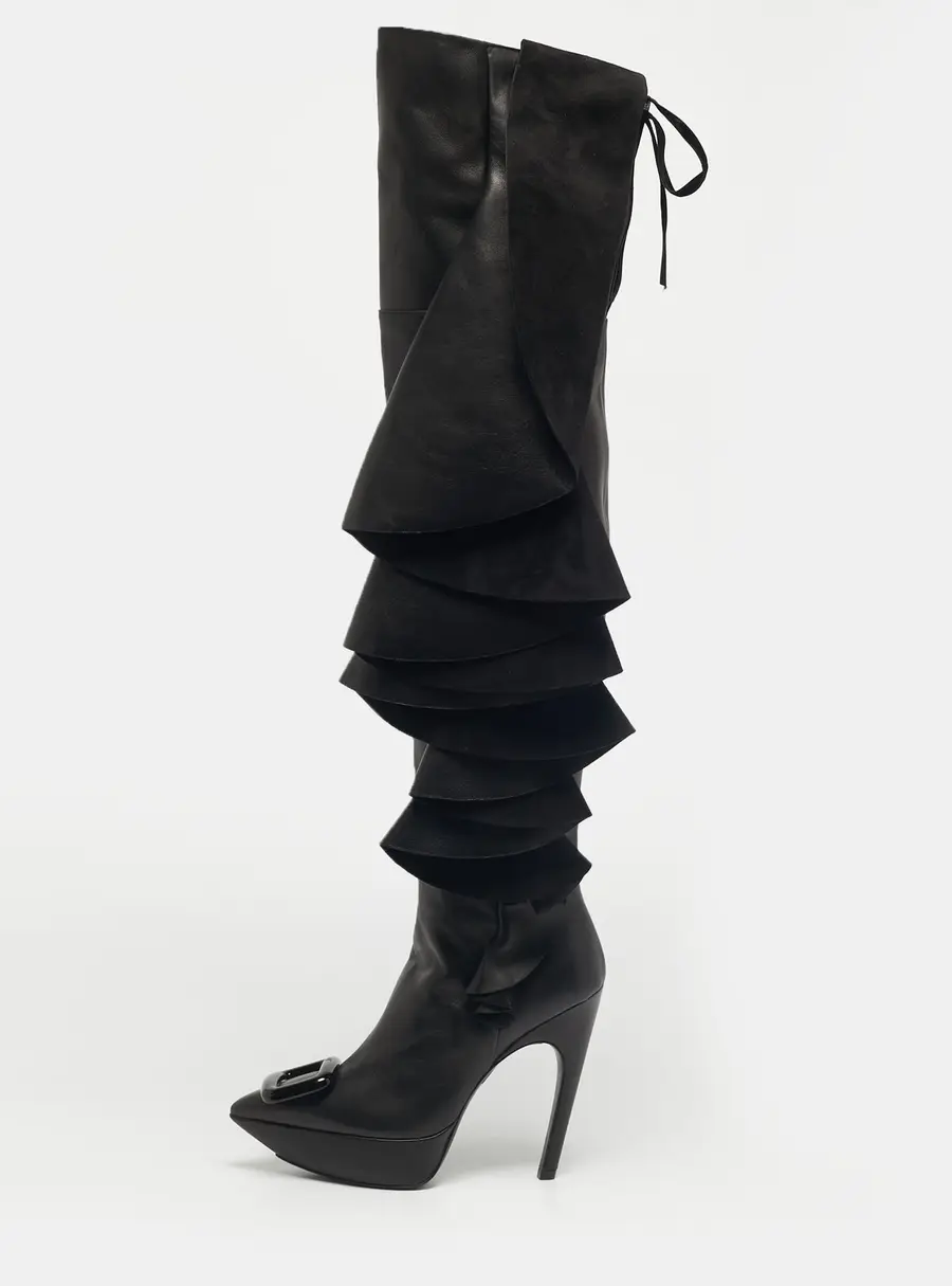 Roger Vivier Black Leather Viv' Choc Rouches Cuissards Knee Length Boots Size 37