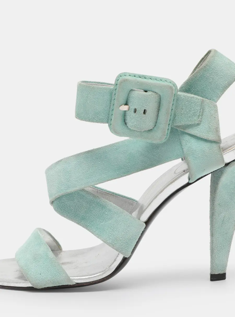 Roger Vivier Turquoise Suede Ankle Strap Sandals Size 38.5
