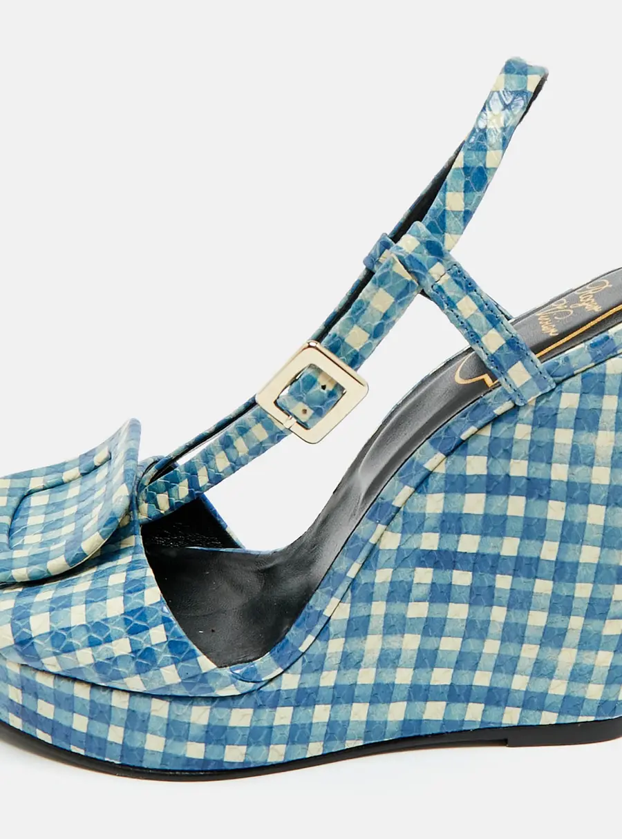 Roger Vivier Gingham Size 37.5 Blue Snakeskin Embossed Leather Wedge Sandals