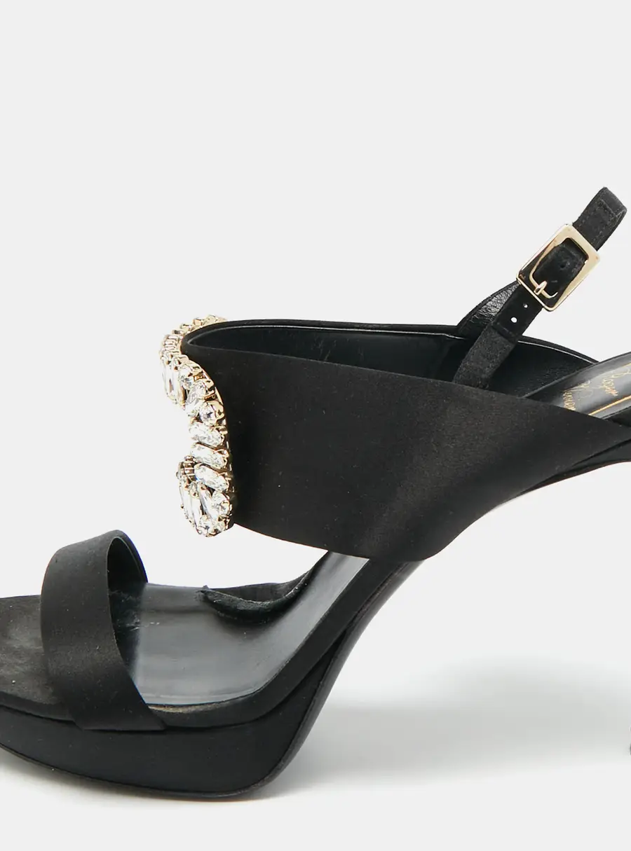 Roger Vivier Size 41 Black Satin Crystal Embellished Slingback Sandals