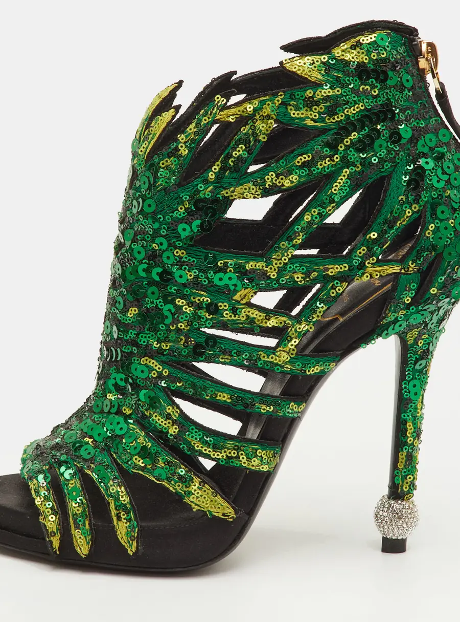 Roger Vivier Paillettes Size 37 Green/Black Sequins Open Toe Ankle Booties