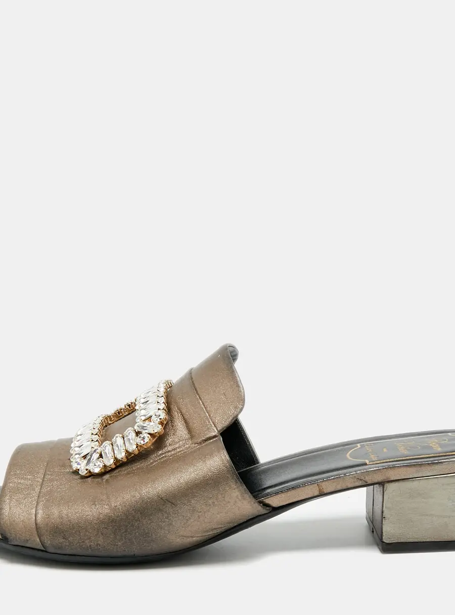 Roger Vivier Size 41 Metallic Bronze Leather Crystal Embellished Slide Sandals