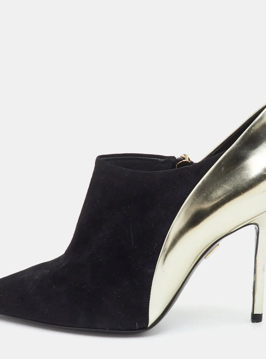Roger Vivier Size 37.5 Black/Gold Leather and Suede Pointed Toe Booties