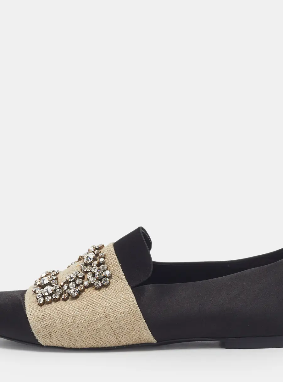 Roger Vivier Viv Run Strass Size 35 Black Crystal Raffia and Satin Loafers