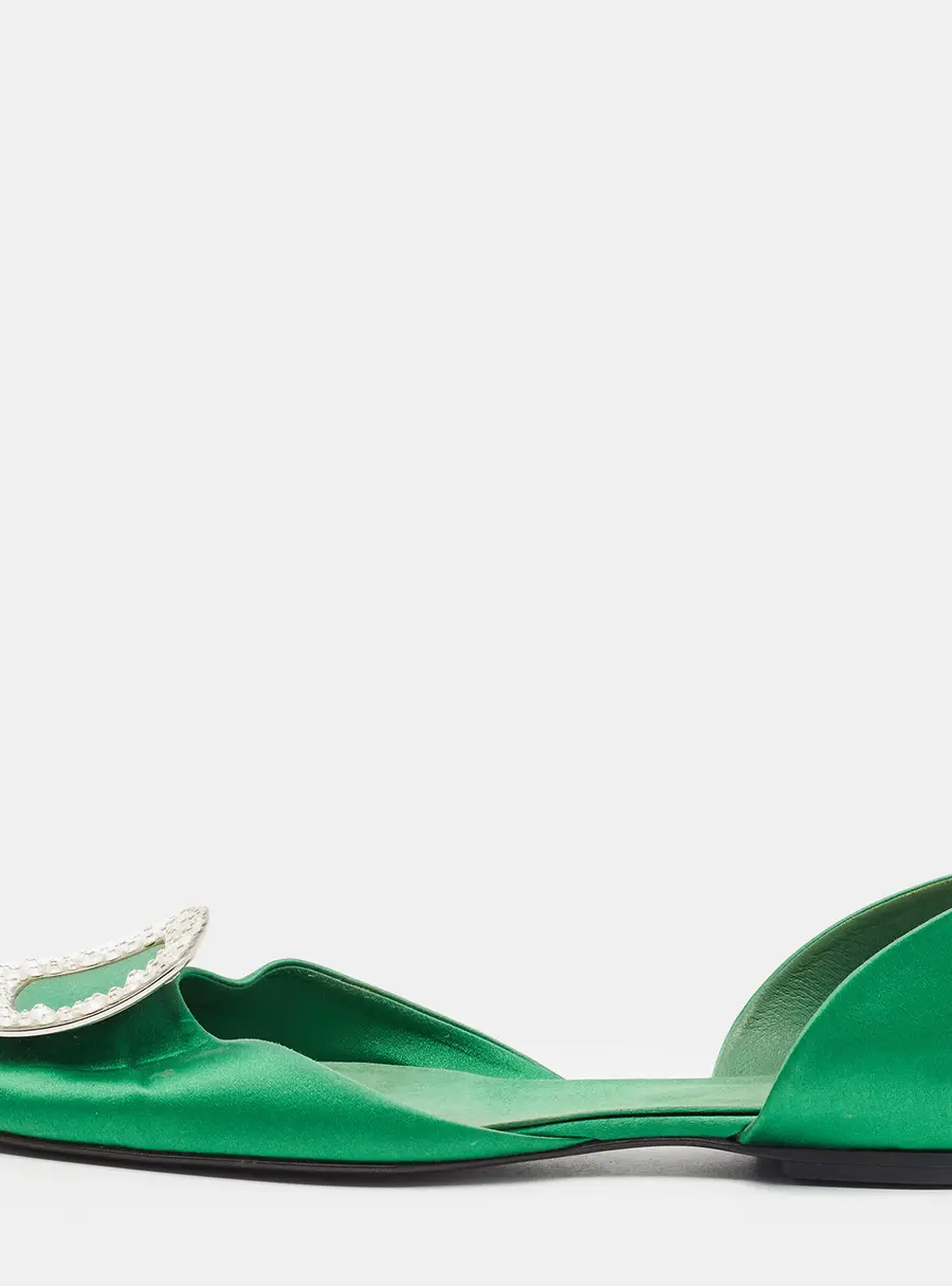 Roger Vivier Trompette Size 39 Green Satin Crystals D'Orsay Ballet Flats
