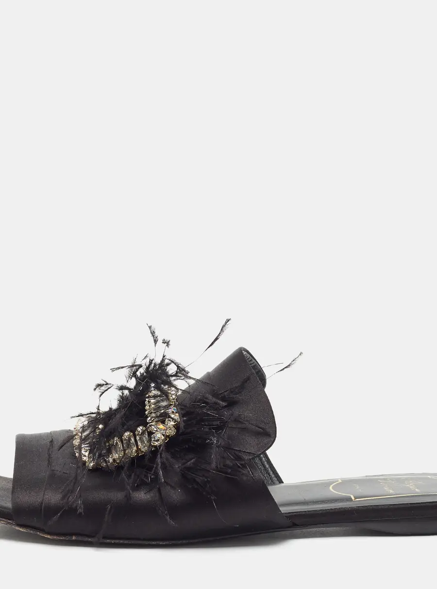 Roger Vivier Size 39 Black Satin Crystal Embellished Flat Slides