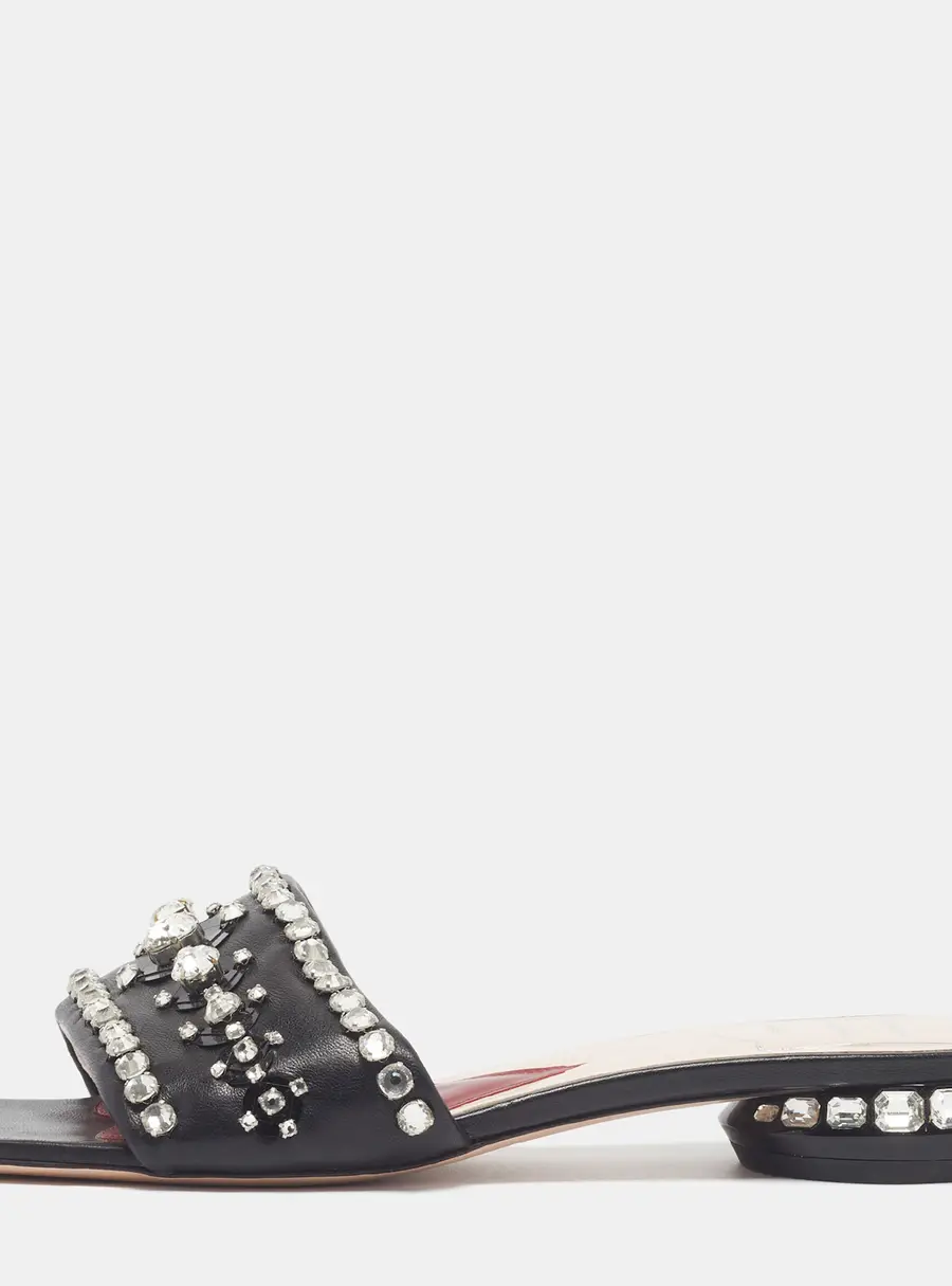 Roger Vivier Disco Size 38 Black Leather Crystal Embellished Flat Slide