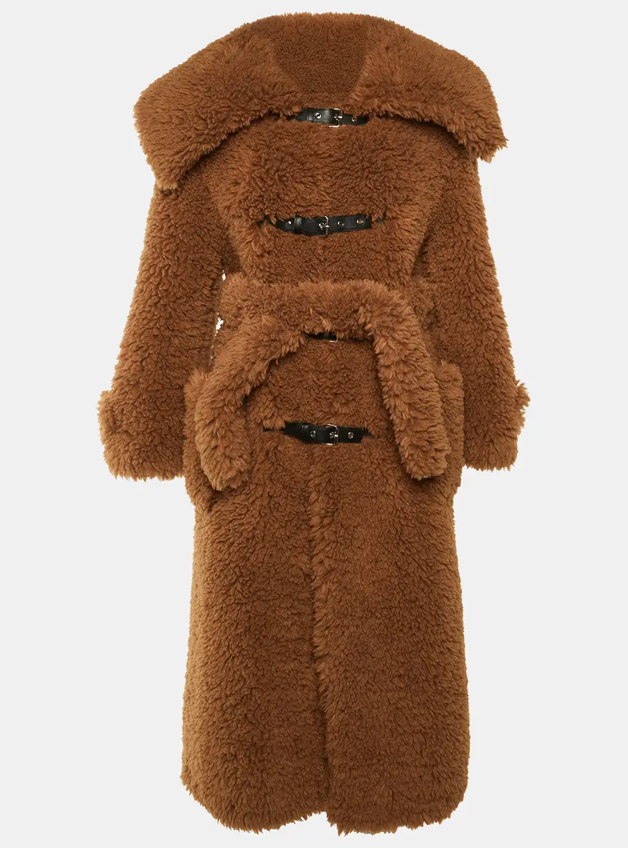 Rokh Brown Faux Fur Oversized Belted Coat S