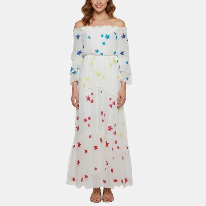 Rococo Sand White Embellished Crepe Off Shoulder Maxi Dress S