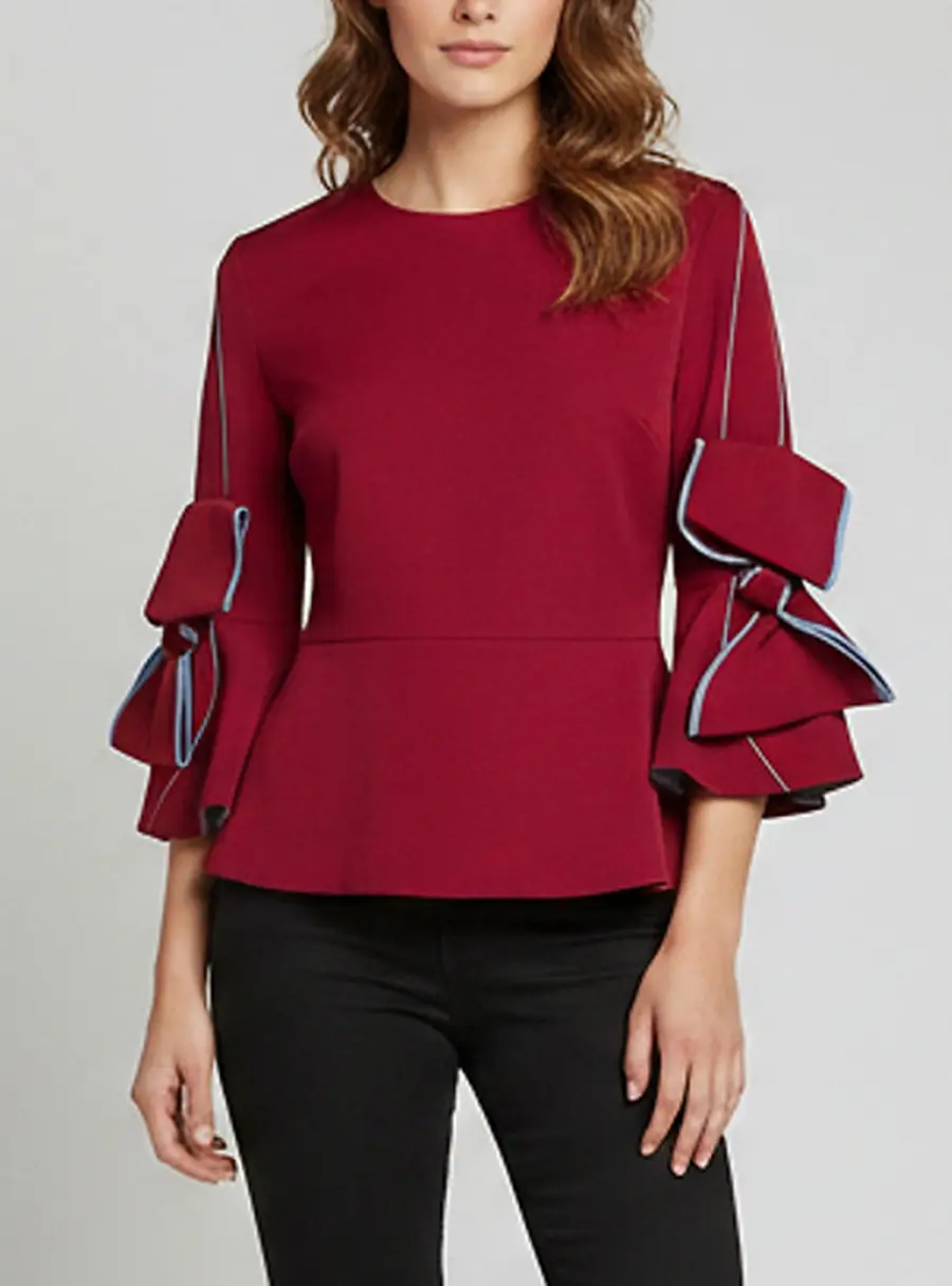 Roksanda Maroon Crepe Bow-Detail Peplum Top M
