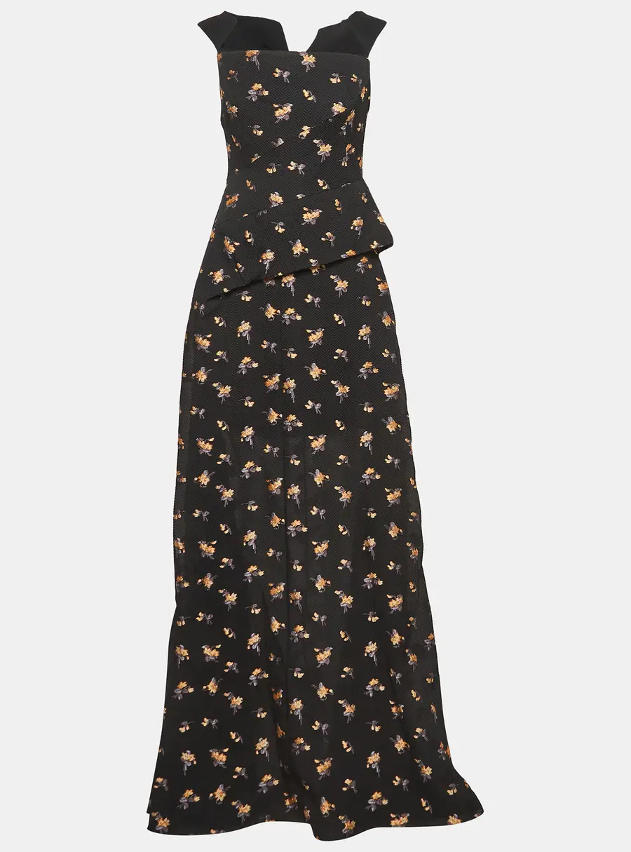 Roland Mouret Black Floral Textured Silk Blend Off Shoulder Heddon Gown M