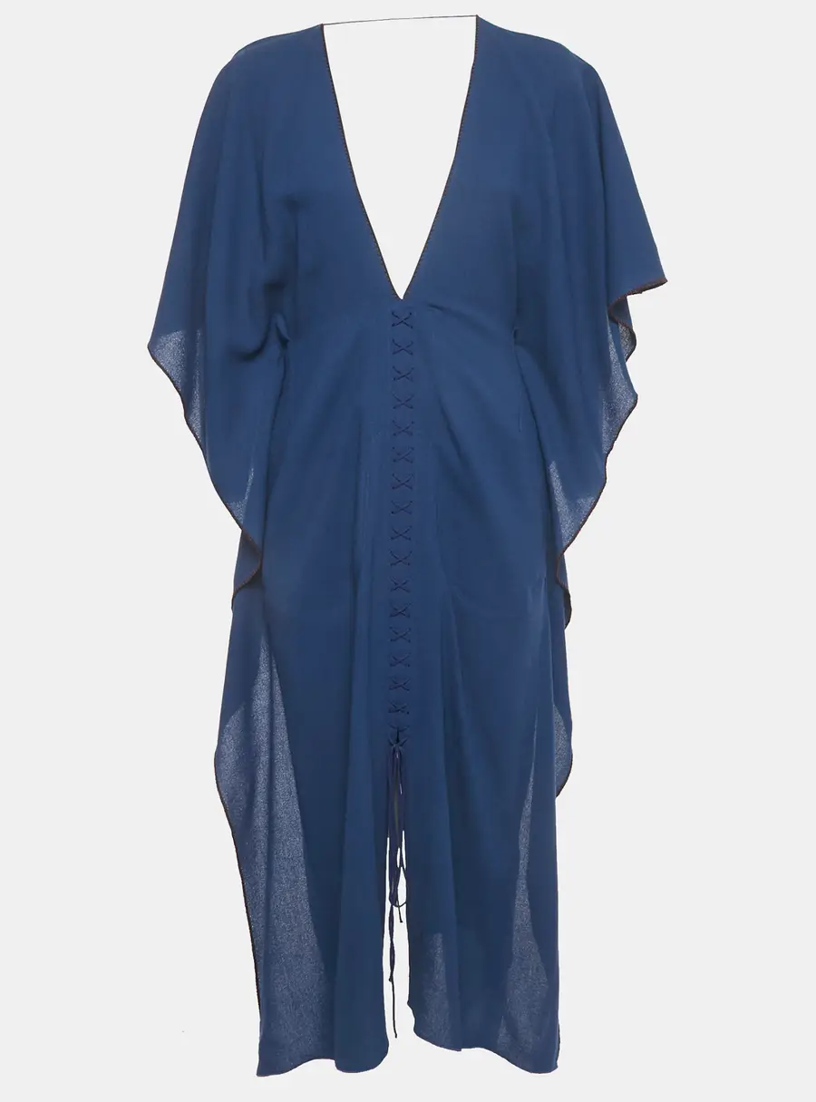 Roland Mouret Blue Wool Lace-Up Detail Midi Kaftan Dress M
