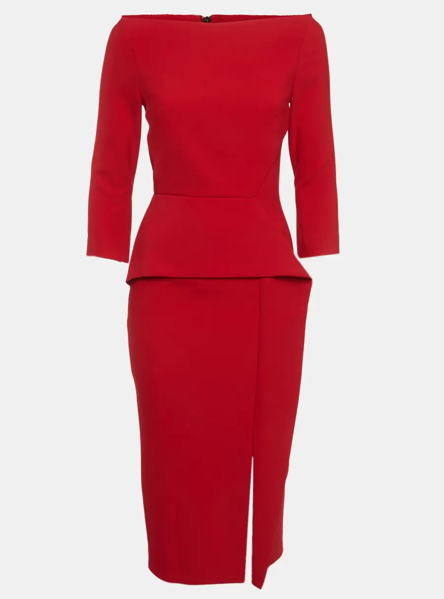 Roland Mouret Red Stretch Crepe Crane Peplum Dress S