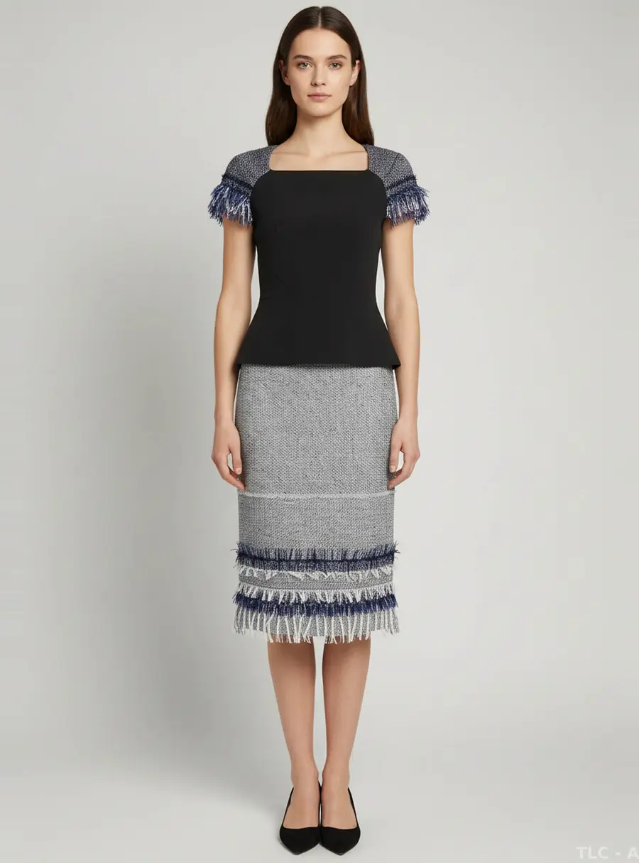 Roland Mouret Black Crepe and Tweed Fringed Blouse and Skirt Set M/S
