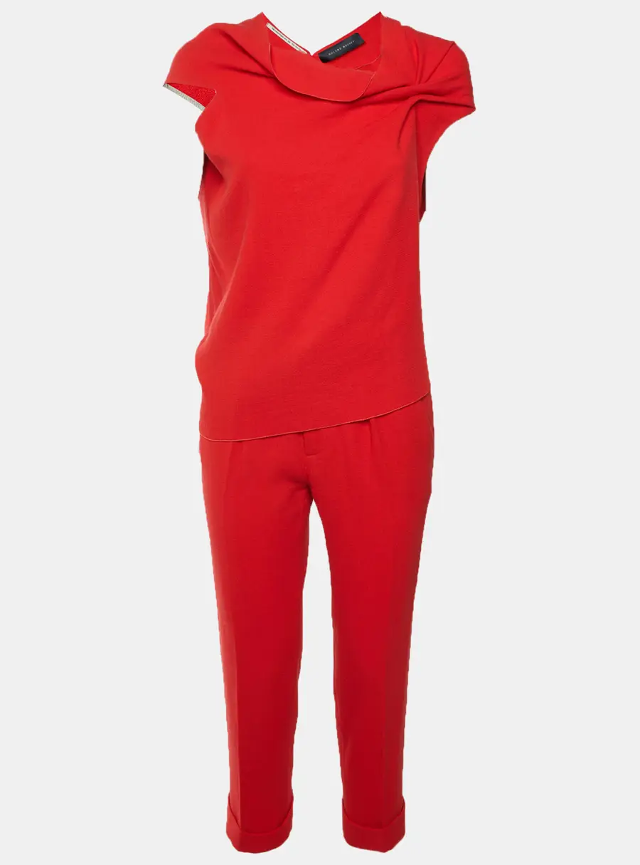 Rouland Mouret Red Textured Wool Cut Out Top and Trousers Set S/M