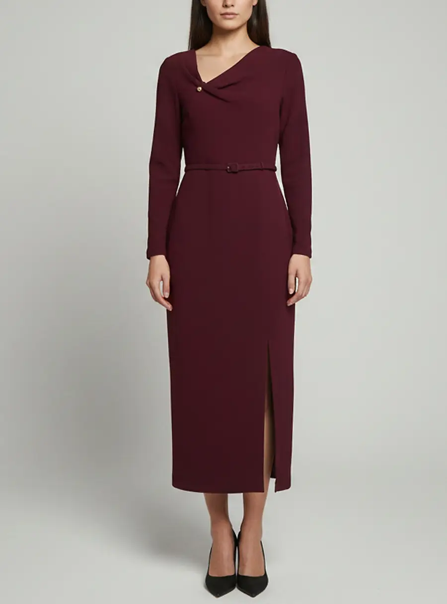 Roland Mouret Burgundy Sphere Pin Draped Wool Crepe Midi Dress L