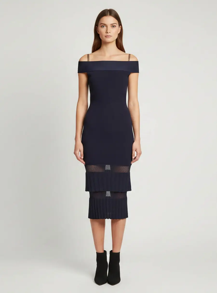 Roland Mouret Navy Blue Knit Off Shoulder Mermaid Dress M