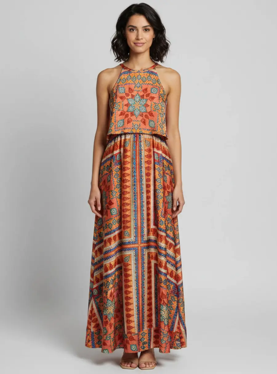 Torn by Ronny Kobo Orange Floral Paisley Print Synthetic Maxi Dress S