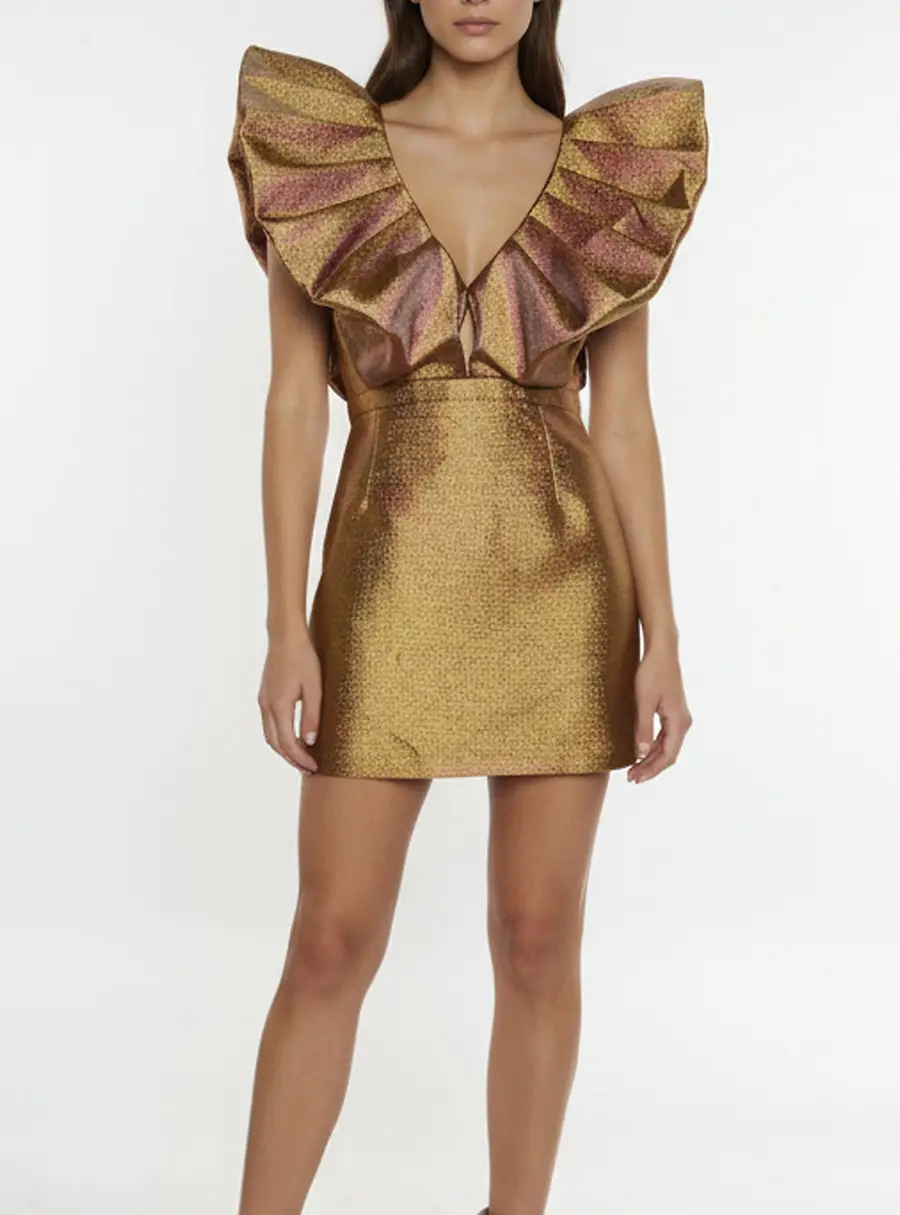 Ronny Kobo Gold Metallic Puff Sleeve Calin Mini Peplum Dress S