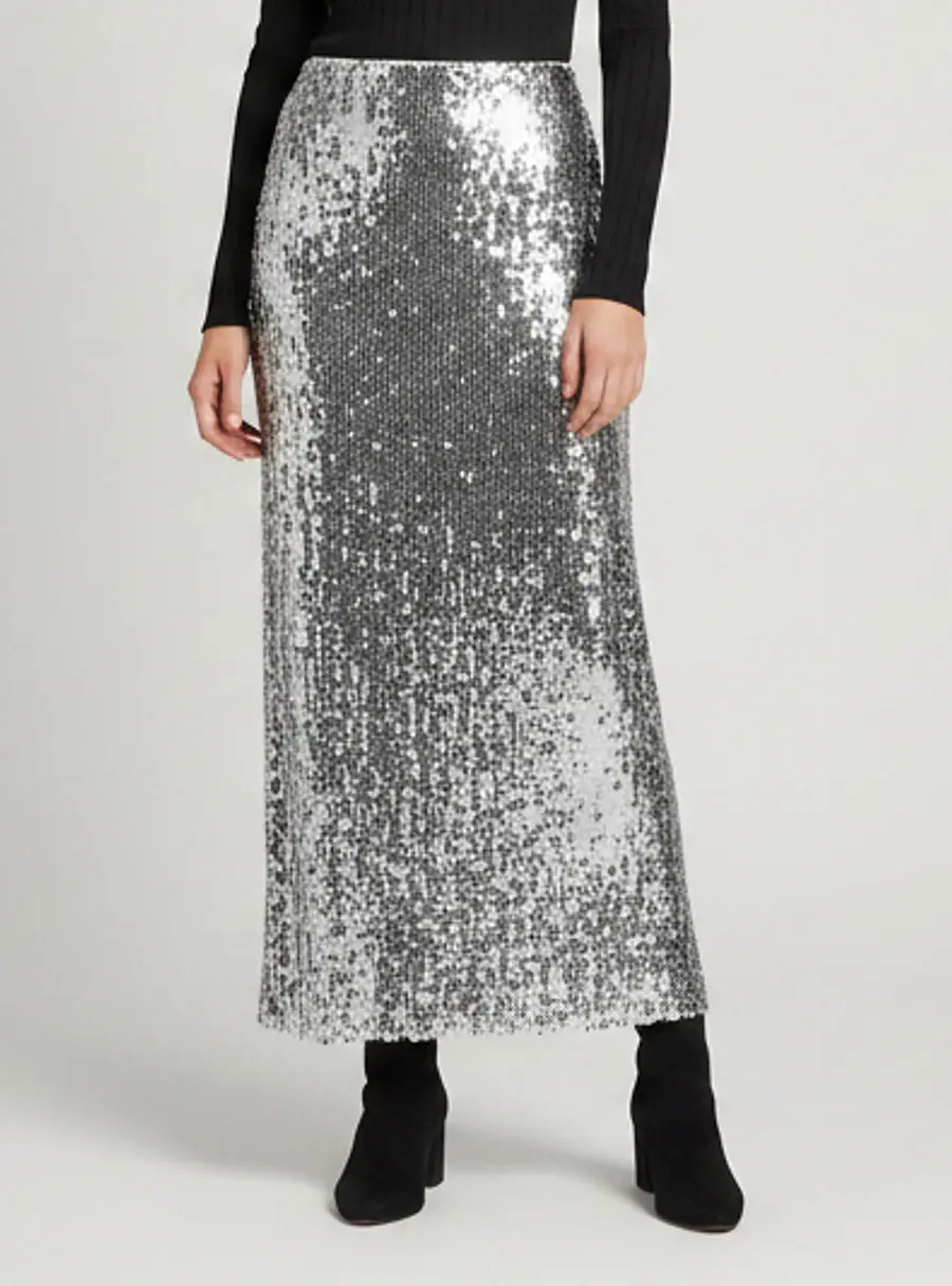 Ronny Kobo Silver Sequinned Slit Detail Midi Skirt S
