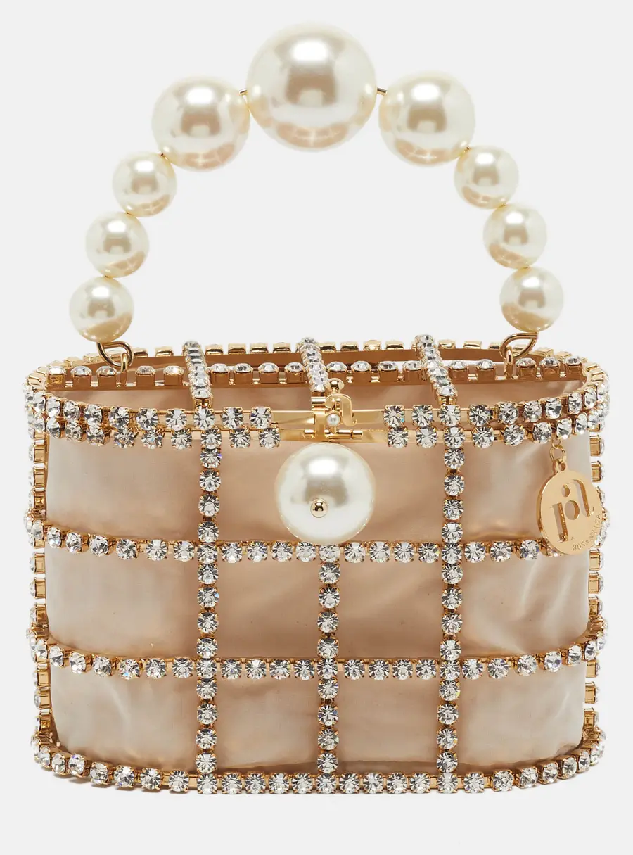 Rosantica Holli Pear and Crystal Embellished Gold Fabric and Metal Top Handle Bag