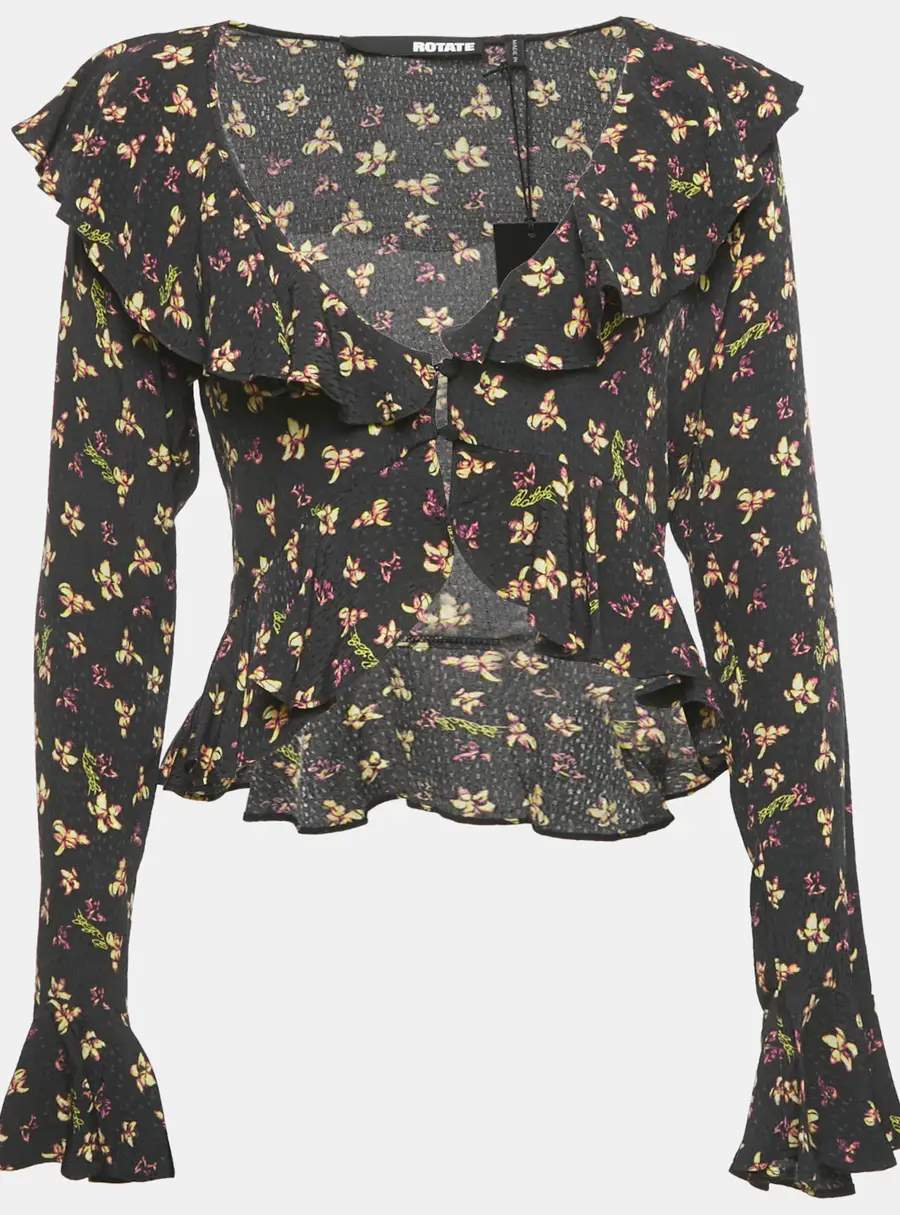 ROTATE Birger Christensen Black Floral Crepe Frill Blouse S