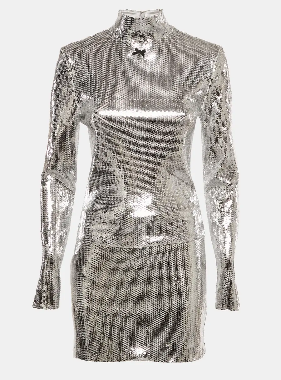 Rotate Birger Christensen Silver Sequin Top and Mini Skirt Set S