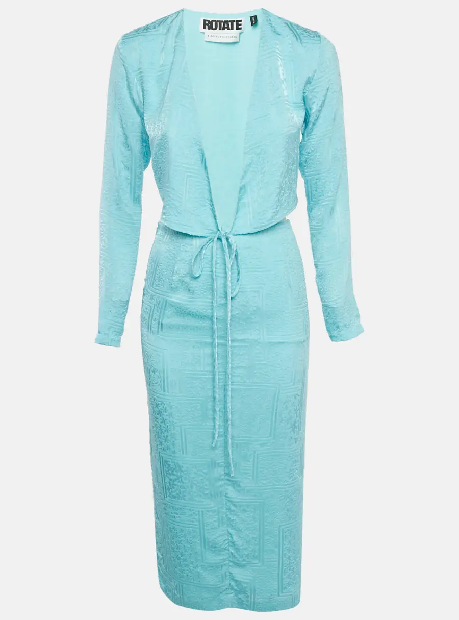 ROTATE BIRGER CHRISTENSEN Blue Textured Jacquard Wrap Top and Skirt Set S