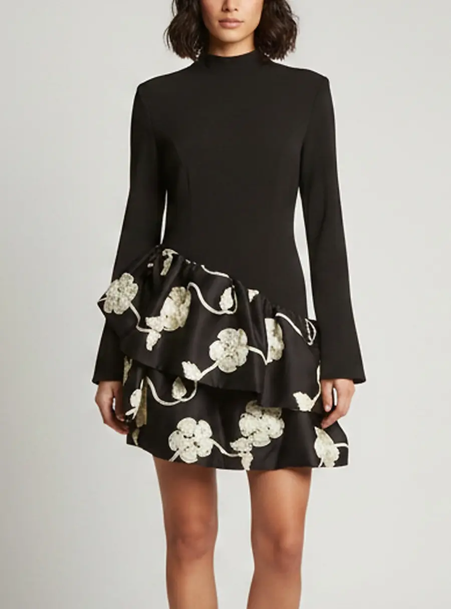 Rotate Birger Christensen Black Embroidered Crepe and Satin Asymmetrical Mini Dress M